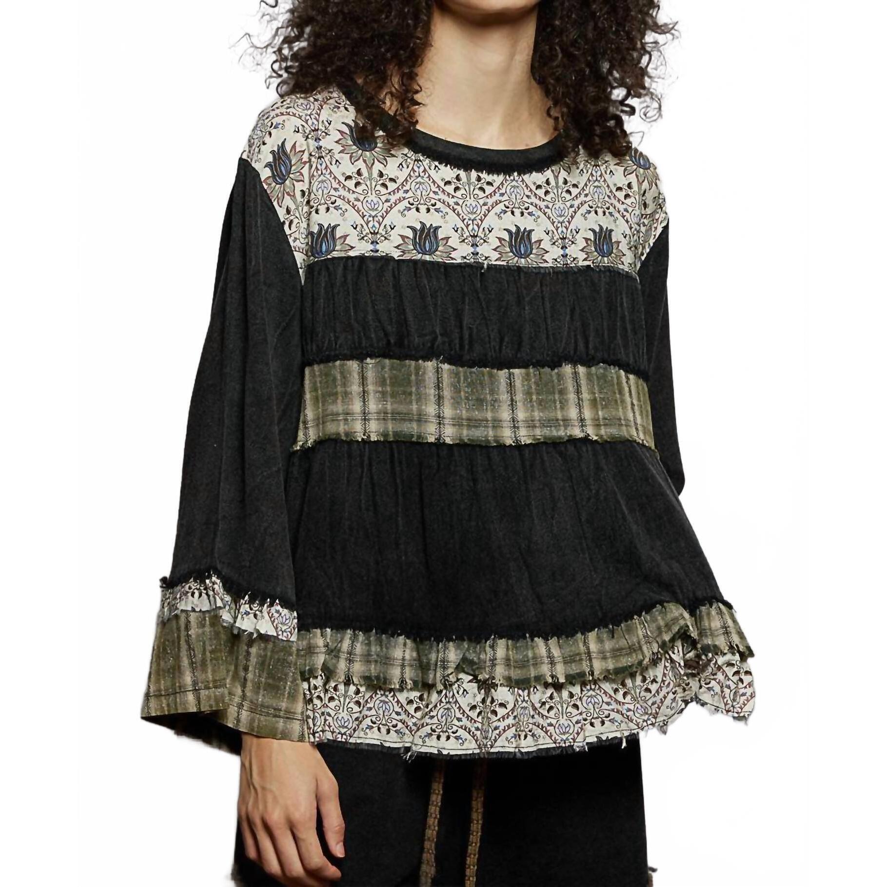 New Pol Washed Print Plaid Full Sleeve Top In Gray
